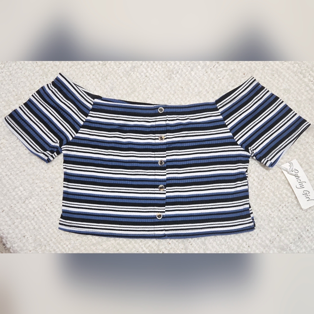 Peachy Girl Striped Ribbed Crop Top Size Large Blue White Black NWT Large - Picture 8 of 12